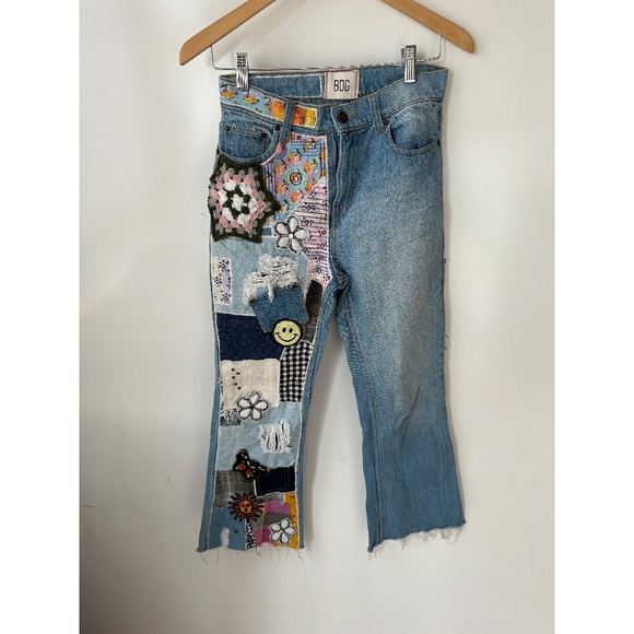 Urban Outfitters BDG Rare High Flare Patchwork Embroidered Crochet Jeans Y2K 25 - Picture 4 of 9